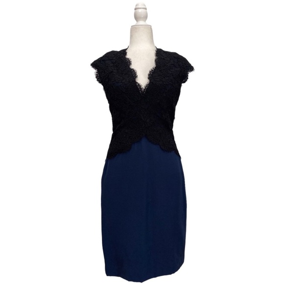 Reem Acra Navy Silk-faille & Black Lace Dress - Picture 3 of 16